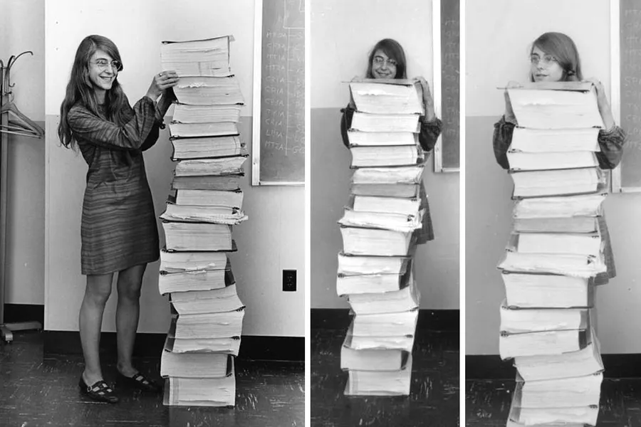 Computer scientist Margaret Hamilton poses with the Apollo guidance software she and her team developed at MIT. Photos: MIT Museum