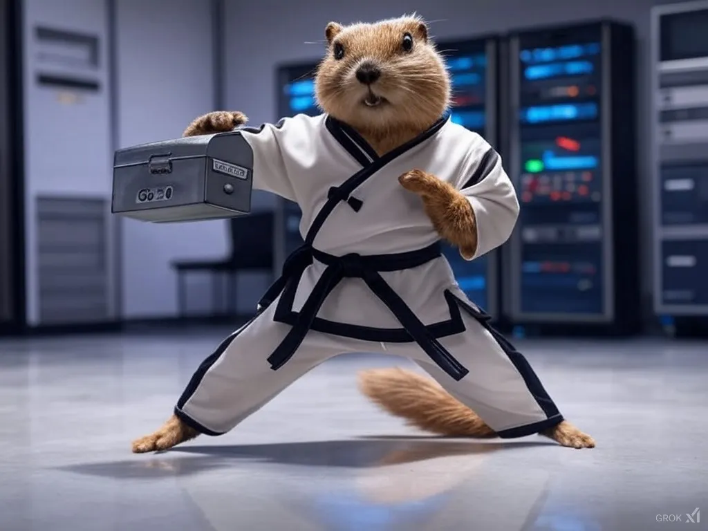A gopher character in a martial arts uniform holding a metal box labeled Go 2.0 in a server room.
